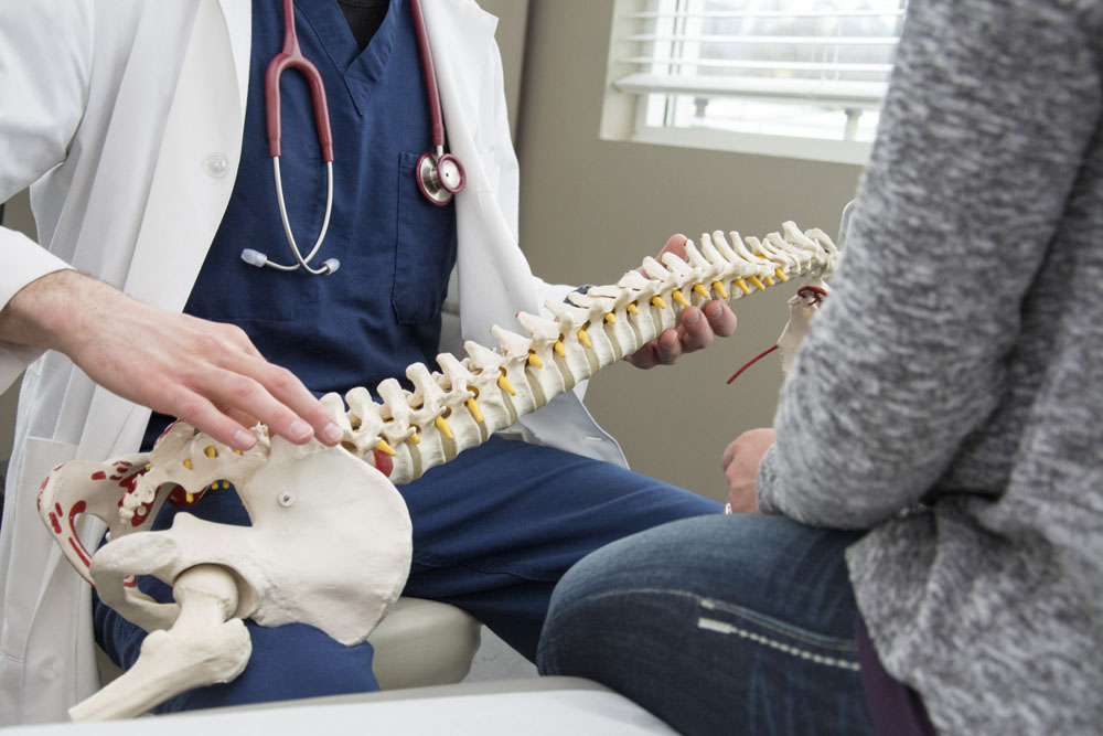 chiropractor in Spring, TX holding a model of the spine in his chiropractic office